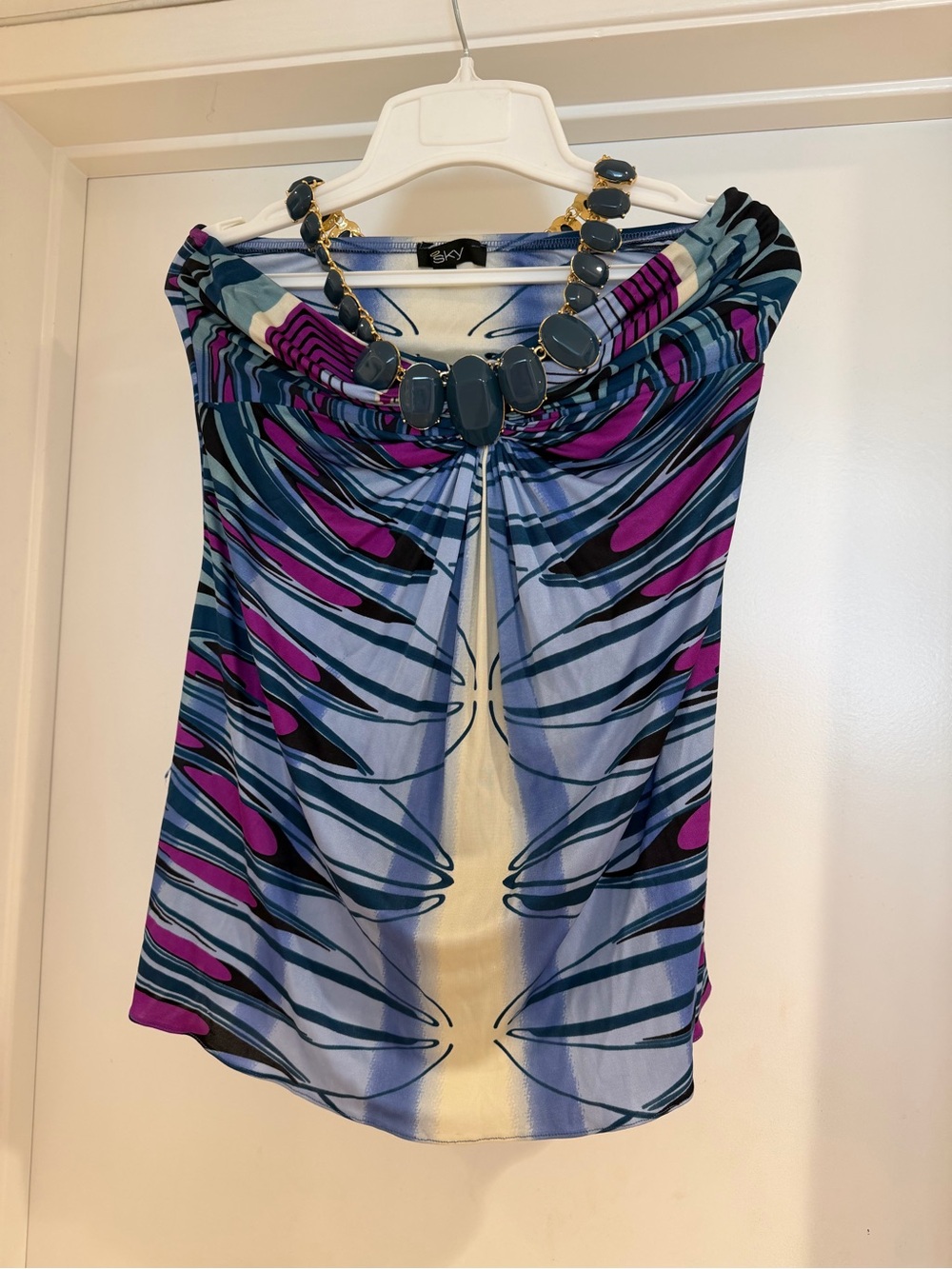 Sky Silk Strapless Evening Top in Purple, Blue and Black - Picture 2 of 4